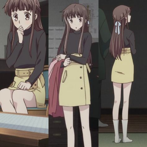 tohru honda - black turtle neck and yellow skirt outfit Tohru Honda Clothes, Outfits With Yellow Skirt, Tohru Honda Hair, Fruits Basket Inspired Outfits, Turtle Neck Outfit Drawing, Tohru Honda Inspired Outfits, Anime Skirt Outfits, Tohru Honda Cosplay, Tohru Honda Outfit Ideas