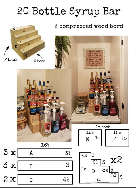 Coffee Bar Syrup Organization Ideas, Soda Syrup Storage, Cafe Organization Coffee Shop, How To Display Coffee Syrups, Syrup Rack Coffee Shop, Coffee Bar Ideas Syrup, Drink Stations Home, Torani Syrup Organization, Water Bar Ideas For Kitchen