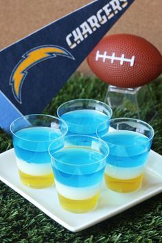 Get the recipe.   - Delish.com Chargers Football Party, Jell O Shots Recipe, Jell O Shots, Football Party Foods, La Chargers, Party Snacks Easy, Chargers Football, Party Drinks Alcohol, Jello Shot Recipes