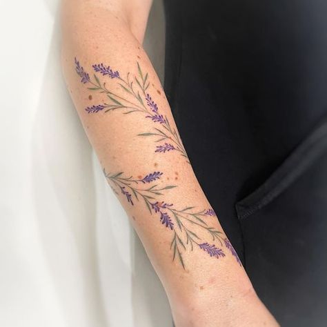 Lavender Band Tattoo, Lavender Leaves Tattoo, Unique Lavender Tattoo, Tattoo Ideas Lavender Flower, Lavender Floral Tattoo, Forearm Lavender Tattoo, Lavender Wrap Tattoo, Big Lavender Tattoo, Lilac Tattoo Forearm