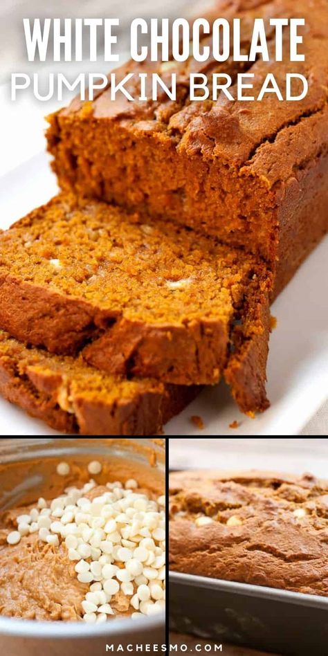 This White Chocolate Pumpkin Bread is such an easy and delicious pumpkin bread recipe! Coconut, white chocolate, and classic spices makes for a super-moist pumpkin loaf. Make it and watch it disappear! | macheesmo.com #chocolate #pumpkin #bread White Chocolate Pumpkin Bread, White Chocolate Chip Pumpkin Bread, Pumpkin Bread With White Chocolate Chips, White Pumpkin Recipes, Pumpkin White Chocolate, Chocolate Pumpkin Bread, Moist Pumpkin Bread, Pumpkin Loaf, Chocolate Chip Bread