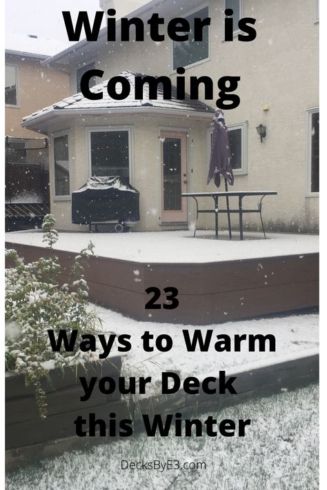 Winter is coming along with the cool weather but that doesn't mean you can't still enjoy your deck in the winter. Heaters are good but are not the only way to heat the deck. I have listed 23 ideas of how to make your deck warmer in the winter. Allowing you to enjoy it even as the temperature drops. Winter Deck Ideas Snow, Winter Back Patio Ideas, Outdoor Heating Ideas Patio, Outdoor Heating Ideas Deck, Winter Patio Ideas Cold Weather Snow, Winter Backyard Ideas Cold Weather, Winter Terrace Ideas, How To Enclose A Porch For Winter, Winter Gazebo Ideas