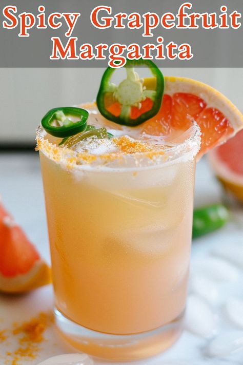 The Spicy Grapefruit Margarita is a zesty and refreshing cocktail that combines the bold flavors of tequila, triple sec, and fresh grapefruit juice with the heat of jalapeño slices. Grapefruit Margarita, Refreshing Cocktail, Grapefruit Juice, Triple Sec, Simple Syrup, Tequila, Grapefruit, The Heat, Juice