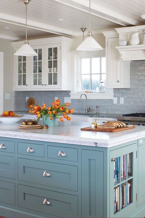 Blue Kitchen Island, Kitchen Design Color, Blue Kitchen Cabinets, Tuscan Kitchen, Blue Cabinets, Coastal Kitchen, Kitchen Cabinet Colors, Blue Island, Blue Kitchens