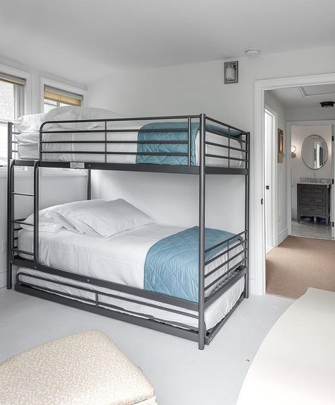 Metal Bunk Beds with Blue Quilts - Transitional - Bedroom Steel Bunk Bed Ideas, Double Deck Bed Ideas, Double Deck Bed, Black Metal Bunk Beds, Metal Twin Over Queen Bunk Bed, Cabin Bunk Beds, Adult Bunk Beds For Small Room Bed Bath & Beyond, Steel Bed Design, Bunk Beds For Boys Room