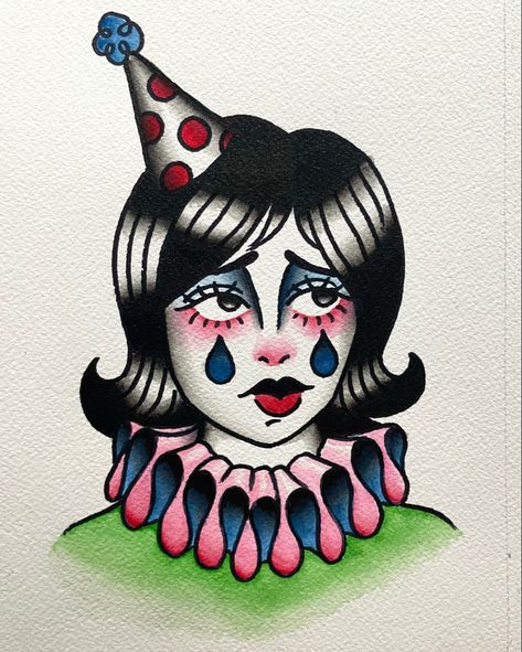 Clown Flash Sheet, Circus Flash Tattoo, Rodeo Clown Tattoo, Clown Flash Tattoo, Girl Clown Drawing, Female Clown Tattoo, Vintage Clown Tattoo, American Traditional Clown, Clown Girl Drawing