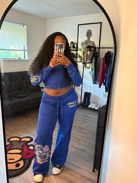 Blue Sets Outfit, Sweatsuit Outfits Black Women, Blue Outfit Black Women, Blue And Gold Outfits, Baddie Budget, Trolls Oc, Aesthetic Attire, Ed Hardy Outfit, Freshman Outfits