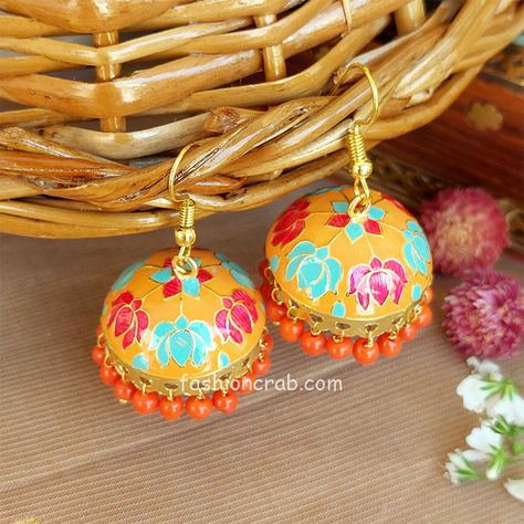 Meenakari Jaipuri Jhumka Earrings – Orange Suit Kurti, Dress Anarkali, Lehenga Dress, Meenakari Earrings, Suit For Wedding, Bold Statement Jewelry, Anarkali Salwar, Saree Lehenga, Bali Earrings