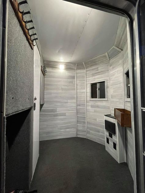 Diy Horse Trailer Tack Room, Horse Trailer Tack Room Conversion, Horse Trailer Storage Ideas, Trailer Tack Room Ideas, Trailer Tack Room Organization, Horse Trailer Tack Room, Trailer Tack Room, Tack Organization, Horse Trailer Interior Remodel