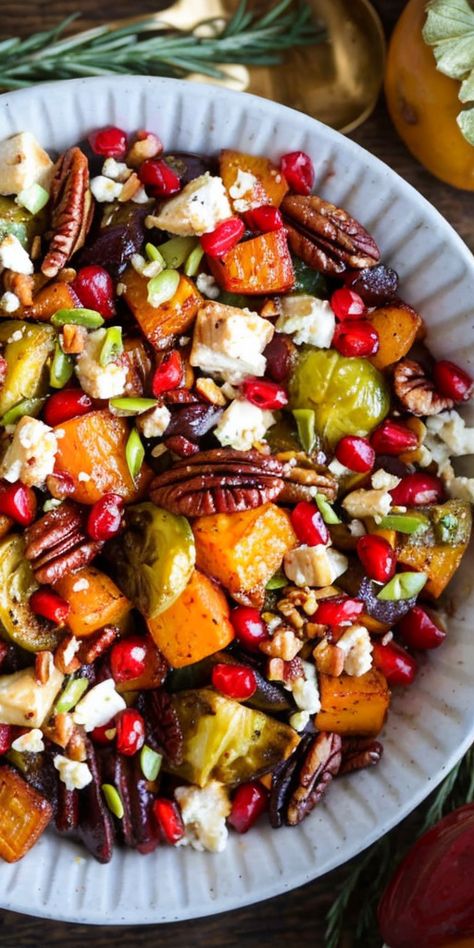 Savor the sweet & savory delight of Maple-Cinnamon Roasted Veggies topped with crunchy pecans & creamy feta. Perfect for fall feasts! #VeggieDelight #FallRecipes #HealthyEats #ComfortFood #RoastedVeggies Roasted Winter Veggies, Maple Roasted Vegetables, Mediterranean Roasted Vegetables, Roasted Veggies Recipe, Roasted Fall Vegetables, Potluck Food, Feta Recipe, Meatball Dinner, Winter Veggies