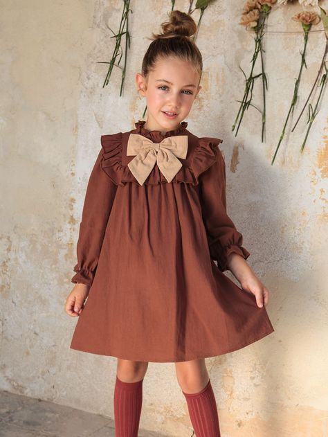 Coffee Brown Cute Collar Long Sleeve Fabric Plain Smock Embellished Non-Stretch  Toddler Girls Clothing Frocks For Kids, Girls Winter Dresses, Shein Kids, Party Frocks, Court Dresses, Kids Frocks, Frocks For Girls, Dresses Kids Girl, Coffee Brown