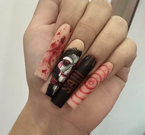 Jig Saw Nails, Jigsaw Nails, Horror Themed Nails, Saw Nails, Ongles Halloween, Long Acrylic, Nails 2023, Nails Fall, Halloween Nail