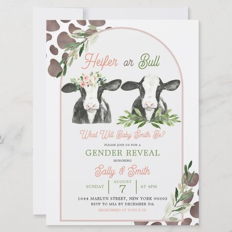 Cow Farm Gender Reveal Invitation  Zazzle Cow Gender Reveal Invitations, Gender Reveal Ideas Farm Theme, Team Heifer Team Bull Gender Reveal, Gender Reveal Farm Ideas, Gender Reveal Ideas For Party Western, Gender Reveal Farm Theme, Farm Themed Gender Reveal Ideas, Cow Theme Gender Reveal Ideas, Western Themed Gender Reveal