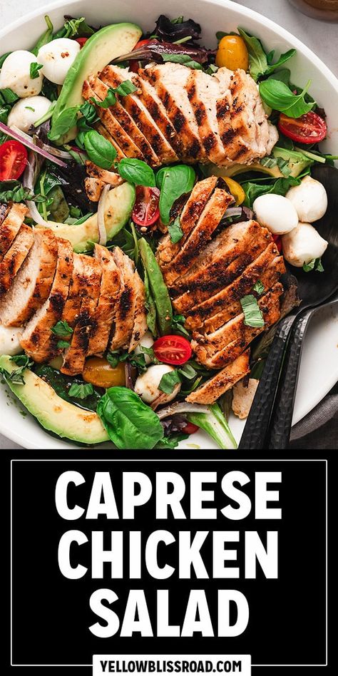 Caprese Chicken Salad Chicken Caprese Salad, Grilled Steak Salad, Chicken Tomatoes, Chicken Cutlet Recipes, Homemade Balsamic Vinaigrette, Caprese Salad Recipe, Tomatoes Mozzarella, Bbq Chicken Salad, Easy Salad Dressing