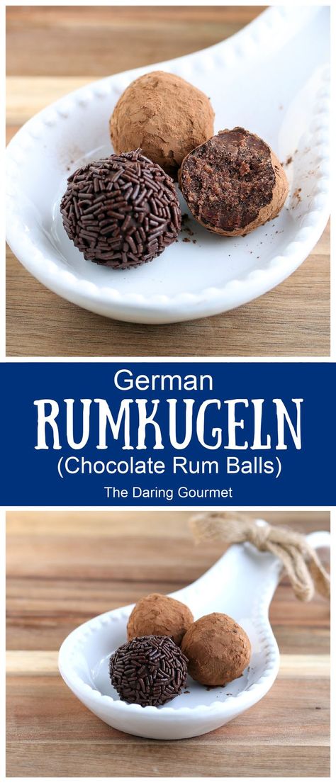 A favorite treat in Germany during the holiday season, this Rumkugeln recipe (German rum balls) will show you how to make them from scratch!  Super easy and so much better than store-bought, they come together in a jiffy and make terrific gifts to hand out to your friends and family! Rum Desserts, Rum Balls Recipe, Holiday Bakes, Daring Gourmet, Sweet Balls, Rum Truffles, Scandinavian Recipes, Food Authentic, German Dishes