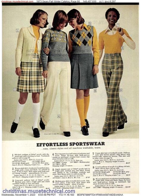 1973 Sears Fall Winter Catalog, Page 90 - Catalogs & Wishbooks 1970s Vogue Editorial, 1970s Preppy Fashion, 1970s Female Fashion, 1970s Teen Fashion, 60s Pants Outfits, 1978 Fashion Woman Style, Colourful Preppy Outfits, 60s School Outfits, Retro Revival Fashion