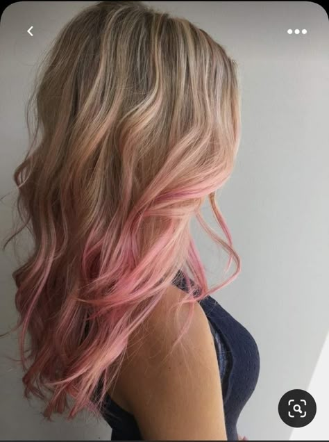 Pink Mermaid Highlights, Blonde Hair With Light Pink Tips, Blonde With Pink Balayage, Pink Streak Hair Blonde, Pink Hair Tips Blonde, Blond Hair Pink Highlights, Pink On Blonde Hair, Blonde Hair Pink Underneath, Pink Highlights In Dirty Blonde Hair