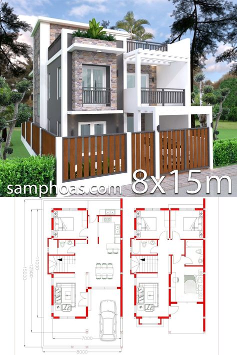 Home Design Plan 7x15m With 4 Bedrooms - Samphoas Plansearch D9F House Design Plans, Two Story House Design, House Concept, 2 Storey House Design, Modern Small House Design, Duplex House Plans, Simple House Design, Home Design Floor Plans, House Construction Plan