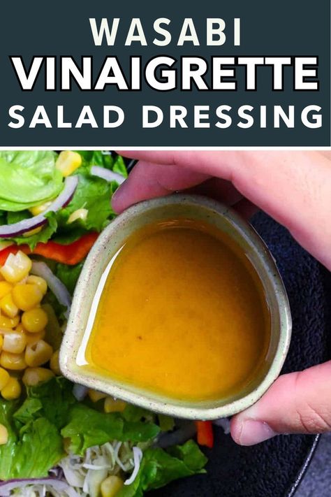 Golden wasabi vinaigrette poured over vibrant salad with corn and lettuce Wasabi Vinaigrette Dressing, Vietnamese Salad Dressing, Wasabi Sauce Recipe, Wasabi Salad, Wasabi Vinaigrette, Wasabi Dressing, Wasabi Recipes, Ultimate Salad, Soy Dressing