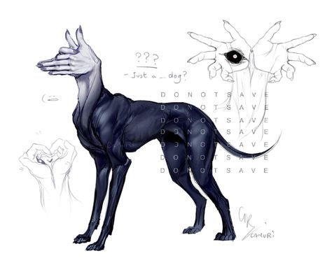 Alien Dog Art, Mythical Monsters Art, Wolf Mythical Creatures, Alien Dog Drawing, Kitsune Moodboard, Dog Familiar, Unseelie Court, Alien Dog, Creature Drawings