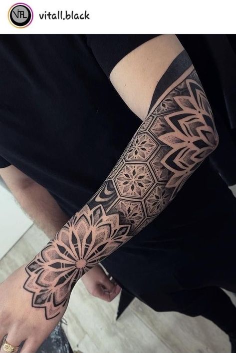 Tattoo Sleeve Black And Grey, Geometric Tattoo Hand, Mandala Arm Tattoos, Mandala Tattoo Men, Geometric Tattoo Sleeve Designs, Mandala Tattoo Sleeve, Tattoo On Hand, Geometric Mandala Tattoo, Geometric Sleeve Tattoo