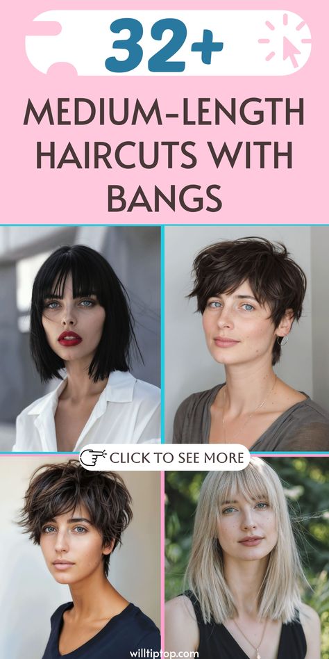 Enhance your appearance effortlessly with our collection of versatile medium-length haircuts featuring bangs. Discover a range of options from chic bobs with side-swept bangs to trendy shag cuts with curtain bangs, each designed to bring a fresh and stylish vibe suitable for any occasion. Elevate your hairstyle game from mundane to fabulous by trying out our expertly crafted cuts. Embrace the latest hair trends and bid adieu to lackluster locks. Soft Bangs, Swept Bangs, Black Bob, Latest Hair Trends, Straight Bangs, Blonde Tones, Latest Hair, Side Swept Bangs, Side Swept