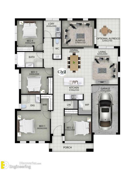 ELANORA -Single Storey Home With 4 Bedrooms - Engineering Discoveries Simple Bungalow House Designs, Bedroom Layout Design, Four Bedroom House Plans, Single Storey House Plans, 4 Bedroom House Designs, Single Garage, Three Bedroom House Plan, One Storey House, Modern House Floor Plans