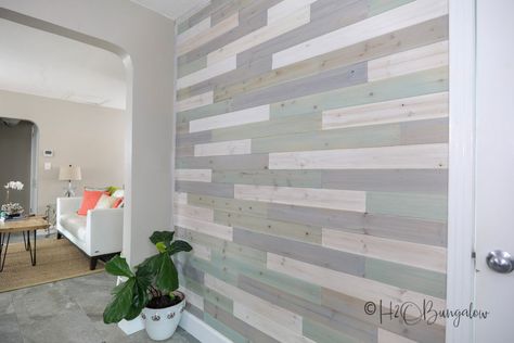 make a DIY multi colored wood plank wall with this video and tutorial Wood Wall Planks, Wood Plank Wall, Diy Wood Wall, Wood Plank Walls, Easy Home Improvement, Wall Planks, Diy Shiplap, Wood Accent Wall, Plank Walls