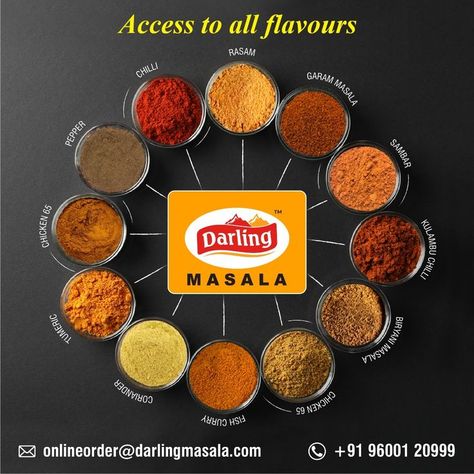 One brand to satiate your all masala needs. Carefully picked spices,ground to fine powder to treat your taste buds with mouth watering recipies. For a sumptuous treat call us at 9600120999. Carry your Darling from onlineorder@darlingmasala.com #darlingmasala #spices #foodie #food #foodphotography #foodblogger #masala #foodstagram #homemade #healthyfood #instafood #spicesofindia #indiancuisine #india #yummy #tastyfoods Sweet Corn Recipes, Spices Photography, Masala Powder Recipe, Spices Packaging, Arabian Food, Powder Recipe, Easy Food Art, Food Graphic Design, Food Backgrounds