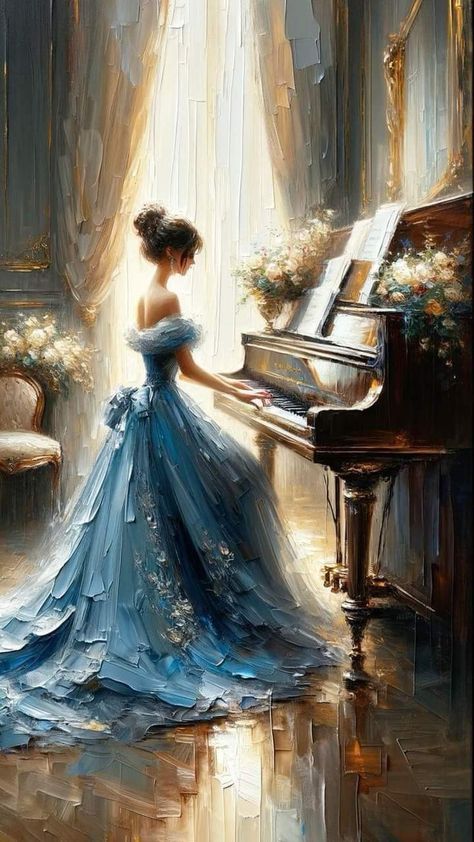 Oil Painting Dress, Piano Oil Painting, Best Painting Ever, Piano Painting, Piano Art, Playing The Piano, Captivating Art, Photo To Art, Romance Art