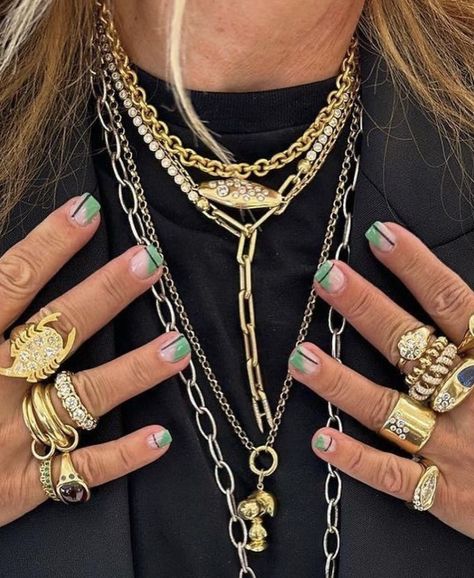 Pebby Forevee Jewelry, Lori Hirshleifer Jewelry, Maximalist Jewelry Aesthetic, Lori Hirshleifer, Maximalist Jewelry, Chunky Gold Bracelet, Gold Bracelets Stacked, Dope Jewelry Accessories, Grunge Accessories