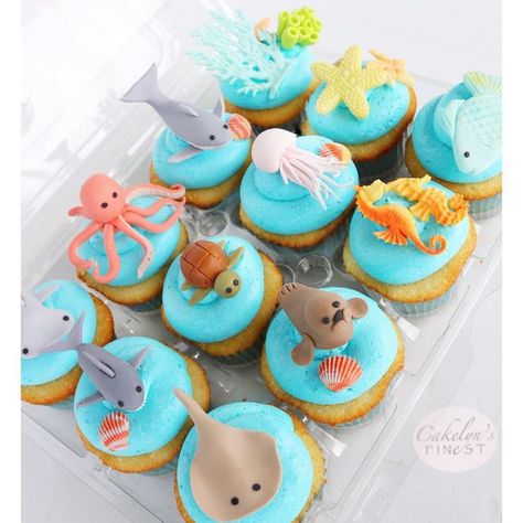 Cakelyn's Finest on Instagram: "Sea creature cupcakes with all of the birthday boy’s favorites! 🐋 . . . #cupcakes #seacreatures #seacreaturecupcakes #edible #cute #fondantcupcaketoppers #madewithsatinice #underthesea #seacupcakes #cakelynsfinest 📷:@dogasaurus_rex 💕" Ocean Themed Cupcakes, Under The Sea Cupcakes, Ocean Cupcakes, Underwater Birthday, Sea Cupcakes, Fishing Cupcakes, Fairy Birthday Cake, Cap Cake, Ocean Birthday Party