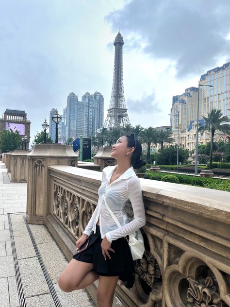 Londoner Parisian Venetian Eiffel Tower in Macau, China Summer Fashion Outfit Fits Aesthetic Ideas China Travel Outfits, Macao Outfit, Hong Kong Aesthetic Outfit, Macao Aesthetic, Macau Photoshoot, Macau Outfit Ideas, Macau Ootd, Hongkong Outfit Ideas, Macau Aesthetic