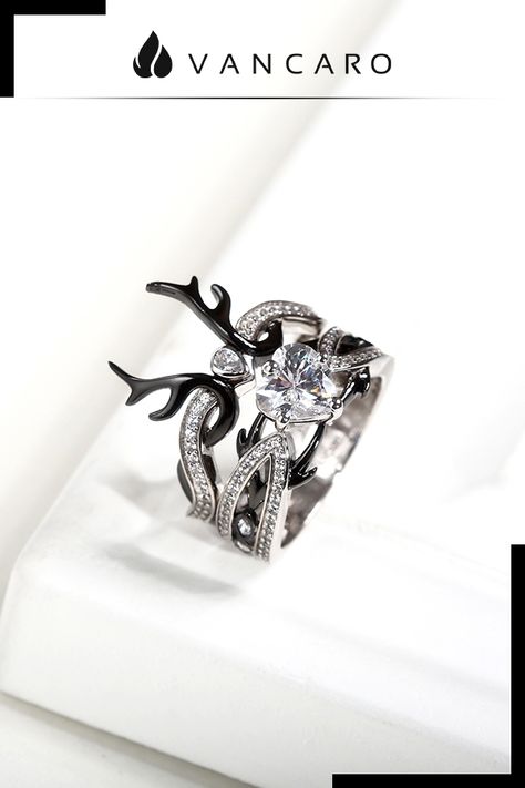 Crown Shaped Black Deer Antler Ring Set With Heart Stone Studded Antler Rings Women, Deer Antler Rings, Diomand Ring, Alastor X Reader, Antler Engagement Ring, Deer Antler Wedding Rings, Deer Ring, Deer Rings, Antler Wedding Rings