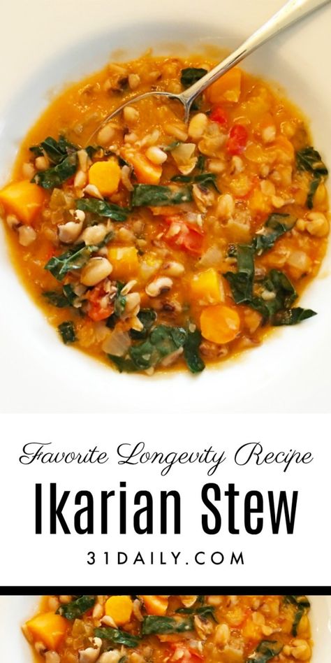 Longevity Ikarian Stew with Black Eyed Peas and Kale Zone Diet Recipes, Blue Zones Diet, Blue Zones Recipes, Longevity Recipes, Zone Recipes, Zone Diet, Aegean Sea, Mediterranean Diet Recipes, Black Eyed