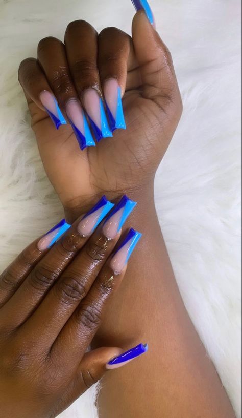 Red Designed Acrylic Nails, Teal Nails Ideas, Red And Purple Nails Designs, Blue And Green Nails Acrylic, Bright Blue Nails With Design, Purple And Blue Nails, Orange And Blue Nails, Purple Birthday Nails, Black And Blue Nails