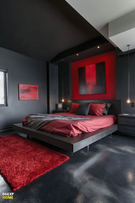 Modern Floating Bed In Red &Amp; Black Bedroom With Minimalist Design Modern Bedroom Ideas Dark, Modern Bedroom Ideas For Couples, Red Black Bedrooms, Black Modern Bedroom, Red Bedroom Design, Bedroom Ideas Dark, Bedroom Ideas Luxury, Red Bedroom Decor, Modern Bedroom Ideas