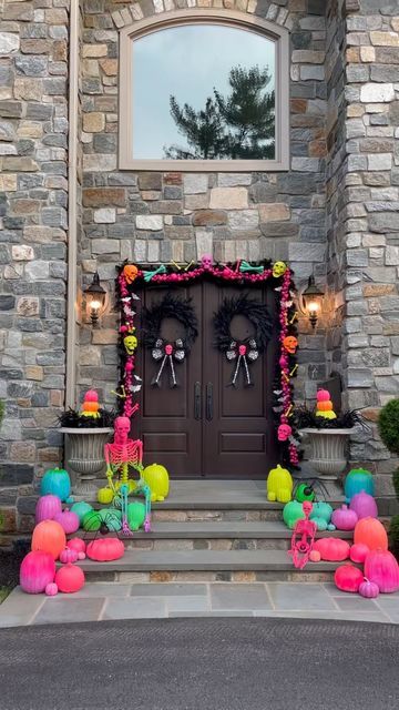 Porch Skeleton, Halloween Block Party, Halloween Lighting Outdoor, Rainbow Halloween, Neon Halloween, Halloween Circus, Halloween Outside, Halloween Porch Decorations, Neon Rainbow