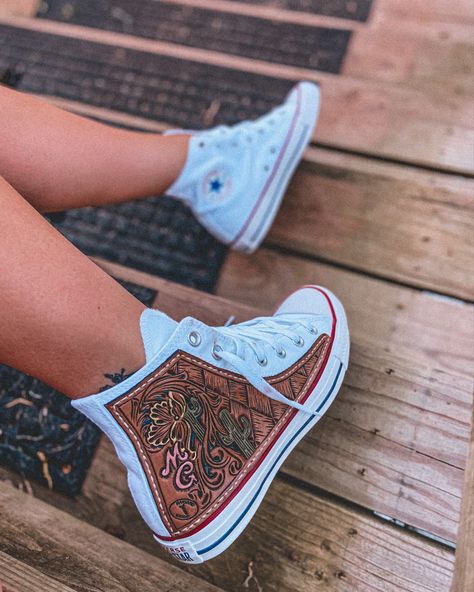 Custom Leather Converse, Custom Western Converse, Western Dress Shoes, Western Nike Shoes, Cute Country Shoes, Leather Tooled Converse, Leather Country Outfit, Western Outfits With Converse, Tooled Converse