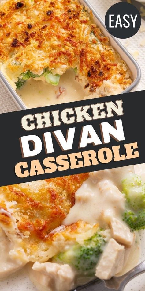 Easy chicken divan casserole combines broccoli and chicken in a creamy sauce. It’s a delicious entree when you want a simple meal with meat and vegetables. Easy Chicken Divan Casserole, Chicken Broccoli Casserole Easy, Chicken Divan Recipe Easy, Chicken Devan, Brocolli Bake, Creamy Chicken And Broccoli Casserole, Broccoli And Chicken Casserole, Chicken And Broccoli Recipes, Easy Chicken Divan