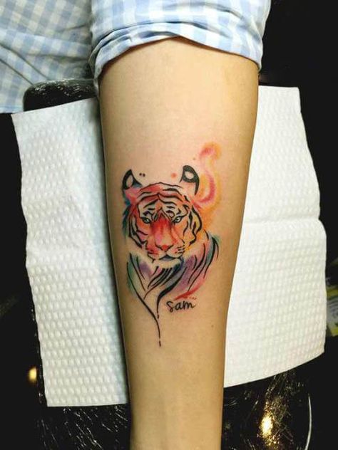 12+ Tigress Tattoo Designs and Ideas | PetPress Tiger Tattoos For Women, Watercolor Tattoo Words, Watercolor Tattoo Shoulder, Mens Tiger Tattoo, Watercolor Tattoo Sleeve, Tiger Face Tattoo, Tiger Tattoos, Tatuagem Masculina Pequena, Watercolor Tiger