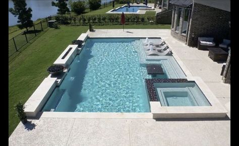 Swimming Pools Backyard Inground, Backyard Resort, Inground Pool Landscaping, Geometric Pool, Rectangle Pool, Dream Backyard Pool, Pools Backyard Inground, Pool Remodel, Pool Landscape Design