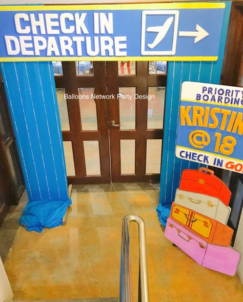 Airport Decorations Airplane Party, Flight Classroom Theme, Airplane Door Decoration, Airport Themed Classroom, Around The World Photo Booth, Cute Booth Ideas, Travel Vbs Decorations, Airport Decorations Travel Themes, Travel Classroom Door Ideas