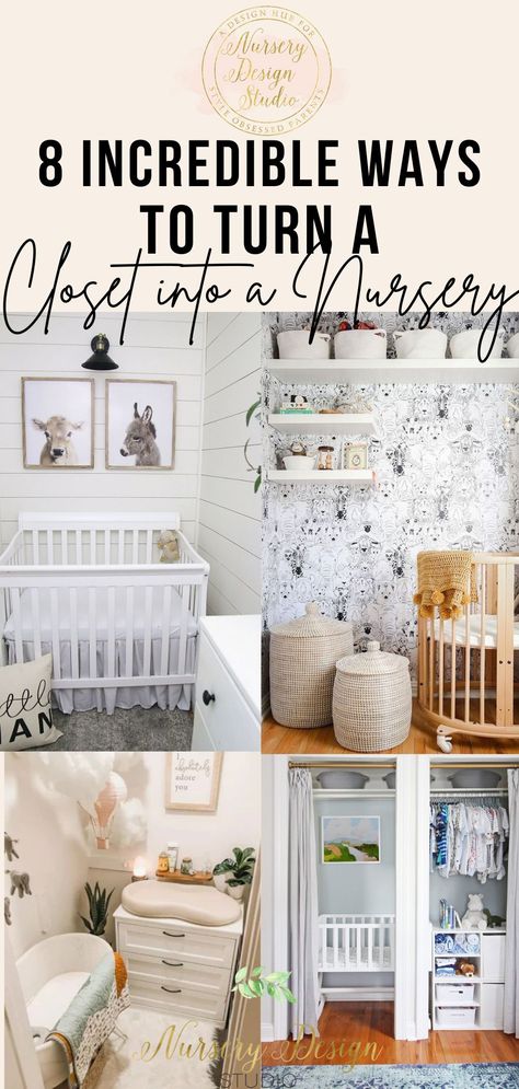 HOW TO TURN A CLOSET INTO A NURSERY Nursery Ideas Shared With Parents, Crib In Closet, Small Nursery Layout, Diy Nursery Closet, Converted Closet, Baby Nook, Apartment Nursery, Closet Conversion, Small Space Baby