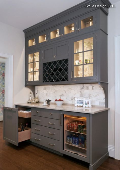 Butler's Pantry Bar Cabinet with Wine Storage, Beverage Refrigerator, Lighted Cabinetry, and Liquor Cabinet Coffee/wine Bar, Modern Home Bar, Home Bar Design, Home Coffee Stations, Built In Bar, Home Coffee Bar, Home Bar Designs, Butler's Pantry, Kitchen Remodel Idea