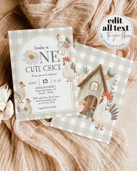 Celebrate your little one's special day with our charming gender-neutral chicken birthday invitation template! This adorable design is perfect for a birthday party full of fun and laughter. Easily editable, downloadable, and printable, it features a customizable gingham color scheme to suit both boys and girls. Let your child's personality shine with this delightful invite inspired by backyard chickens and barn animals. Make the party unforgettable with our one-of-a-kind invitation! One Cute Chick Birthday, Chicken First Birthday Party, This Chick Is One Birthday, Chicken Themed Birthday Party, Farm Theme First Birthday, Chicken Birthday Party, Farm 1st Birthday, Barn Birthday Party, Chicken Birthday