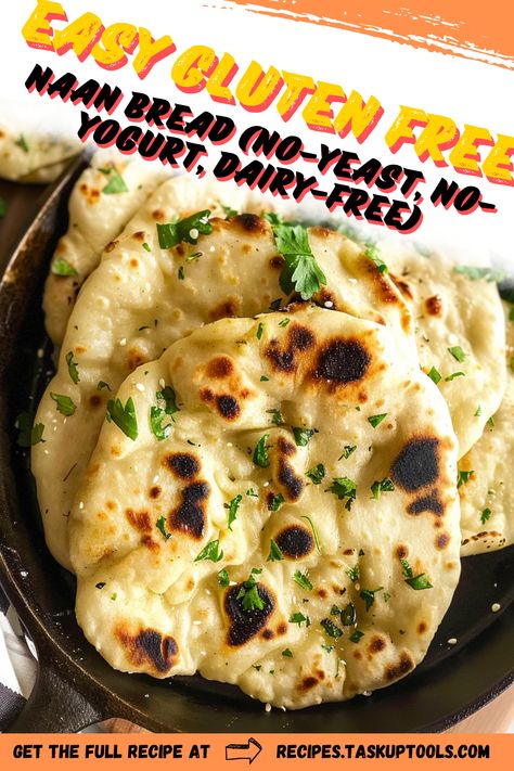 Enjoy a healthier take on a beloved culinary classic with our Easy Gluten-Free Naan Bread. This simple, no-yeast, no-yogurt, Dairy-Free recipe is packed with flavor, but without the gluten! Follow our step-by-step guide, perfect for established chefs or budding kitchen enthusiasts, to whip up this delicious staple in your own kitchen! Great for vegans, coeliacs, and anyone wanting to enjoy a tasty, guilt-free treat. Pin this recipe for endless gluten-free Easy Vegan Naan Bread, Easy Gluten Free Naan, Yeast Free Foods List, Gluten Free Crazy Bread, Easy Homemade Gluten Free Bread, Gluten Free Runza Recipe, Gf Yeast Bread, Dairy Free Gluten Free Bread, Gluten Free Indian Fry Bread