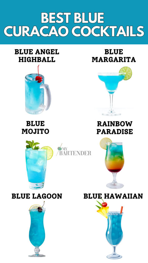 Blue Curacao Cocktails Tequila And Blue Curacao Drinks, Blue Curacao Drinks Recipes, Drinks With Curacao, Drinks Made With Blue Curacao, Blue Curacao Drinks Tequila, Blue Rum Cocktails, Blue Cacao Drinks Cocktail Recipes, Teal Cocktail Drink, Easy Blue Alcoholic Drinks