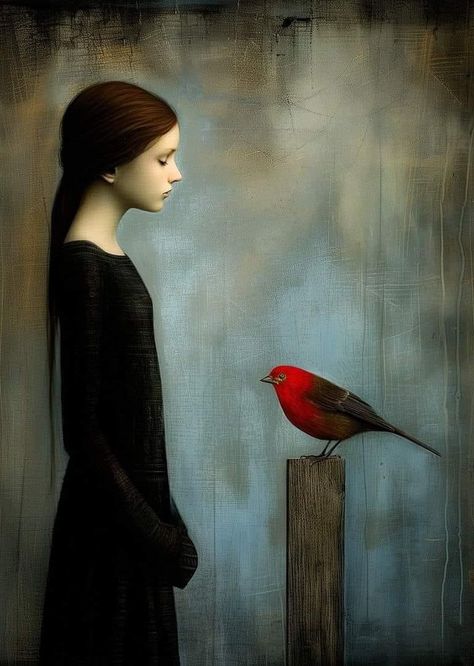 Inge Schuster, Lost Someone, Naive Illustration, Close To Me, Red Bird, Excuse Me, Whimsical Art, Figurative Art, Bird Art