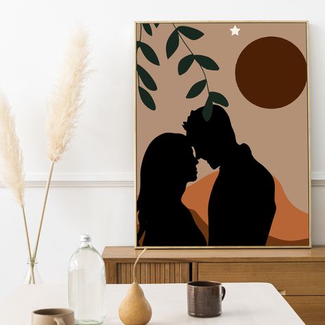 Romantic couple printable,Valentine's day gift for her,moonlight romance printable gift,abstract minimalist portrait,digital download,lovers by DigitalCurry on Etsy Boho Art Painting Couple, Couple Draw, Couples Canvas Art, Couples Canvas Painting, Mini Toile, Minimalist Portrait, Couple Romantic, Romantic Paintings, Boho Painting